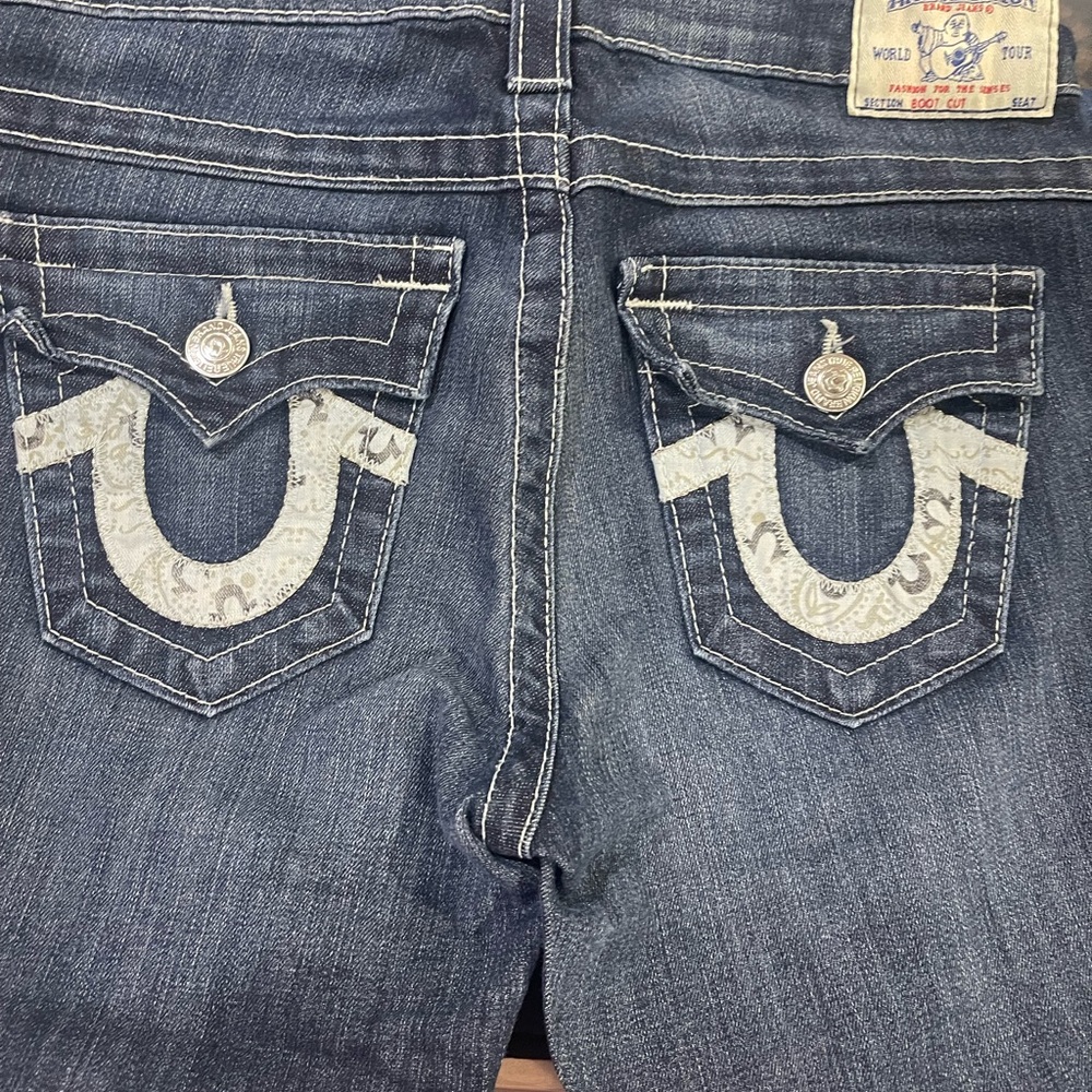 True Religion Blue Boot Cut Jeans with Horseshoe Design